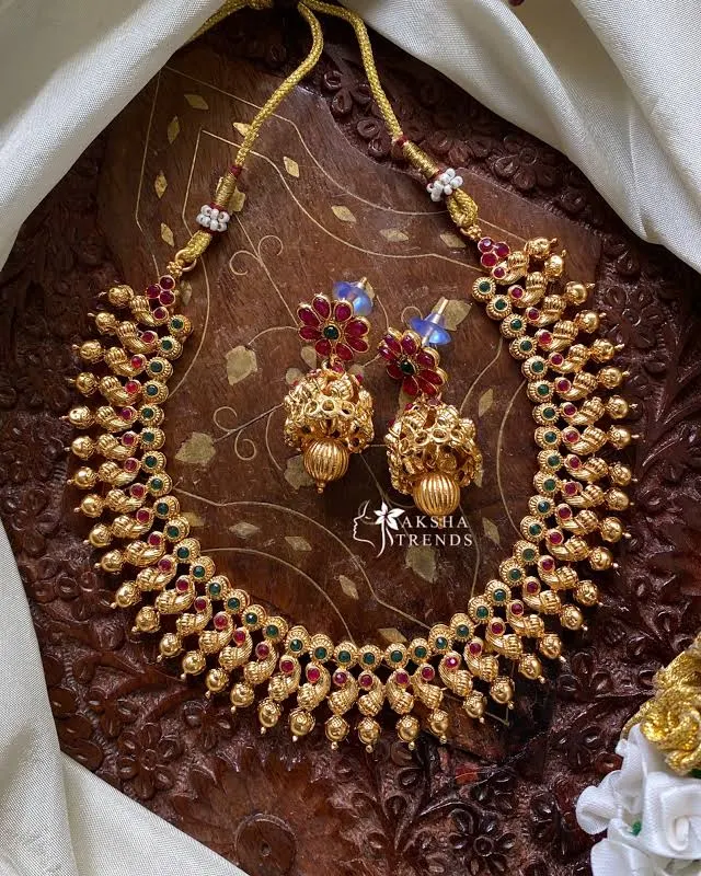 Pyarchand Jain Jeweller - Bridal Heritage Gold Tone Necklace Set with Ruby  Green Stones